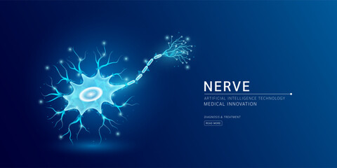 Website template. Human nerve translucent low poly triangles. Futuristic glowing organ hologram on dark blue background. Medical innovation diagnosis treatment concept. Banner vector.