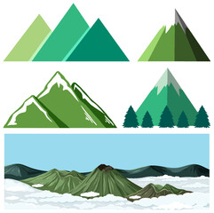 Set of mountains in different style icon