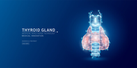 Website template. Human thyroid gland anatomy translucent low poly triangles. Futuristic glowing organ hologram on dark blue background. Medical innovation diagnosis treatment concept. Banner vector. - obrazy, fototapety, plakaty