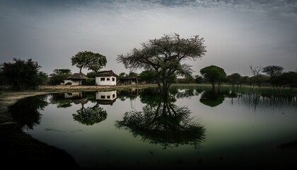 Fototapeta premium A serene view of a tranquil Andhra Pradesh village pond taken with a Leica Q2 full Generative AI
