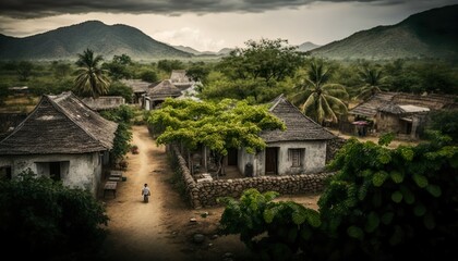 Fototapeta na wymiar A captivating view of a traditional Andhra Pradesh village with beautiful architecture and a lush green environment captured with a high Generative AI