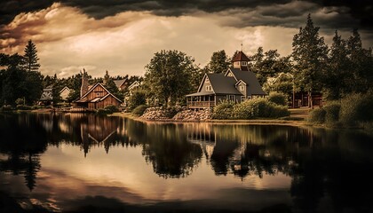 Fototapeta premium A peaceful village by the lake captured with a Sony a9 II 24mm lens f/4 tranquil wide Generative AI