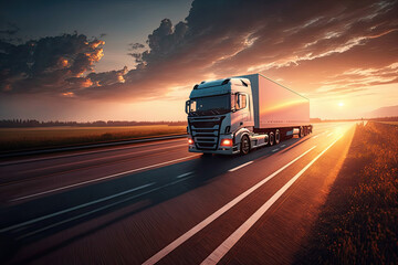 Loaded European truck on motorway in sunset