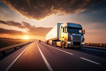 Loaded European truck on motorway in sunset