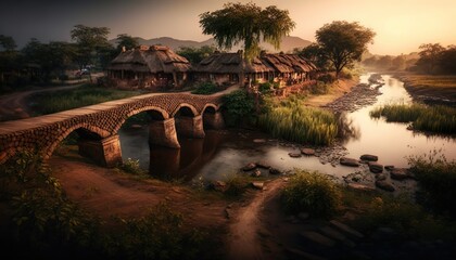 A mesmerizing view of a serene Andhra Pradesh village with a beautiful bridge over a river captured with a high  Generative AI