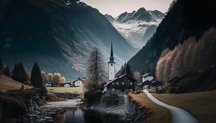 A serene village in the Austrian Alps captured with a Canon EOS R6 50mm lens f/8 alpine  Generative AI