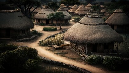 An enchanting view of a traditional Andhra Pradesh village with beautiful thatched houses captured with a high  Generative AI