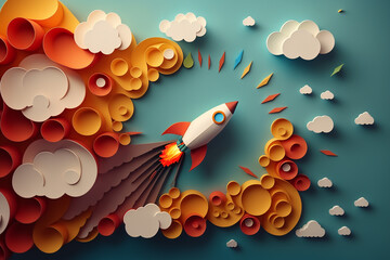 Rocket launching into sky in quiling paper style. Concept of startup business taking off. Generative AI. - obrazy, fototapety, plakaty