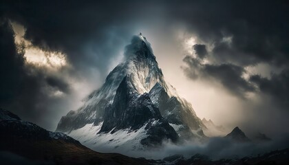 Fototapeta na wymiar A breathtaking view of a majestic mountain peak shrouded in clouds captured with a high Generative AI
