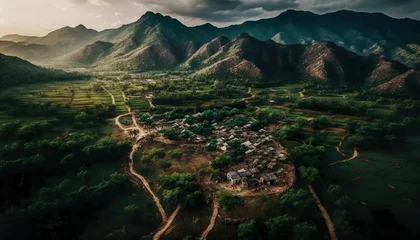 Foto op Canvas A breathtaking aerial shot of a quaint Andhra Pradesh village surrounded by majestic hills captured with a high  Generative AI © Naveena