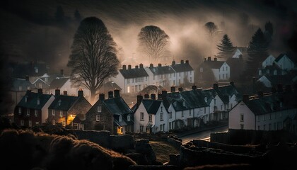 A cozy village in the Scottish Highlands captured with a Nikon Z6 II 50mm lens f/8 misty  Generative AI