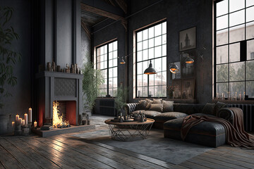 Dark living room loft with fireplace, industrial style, generative AI