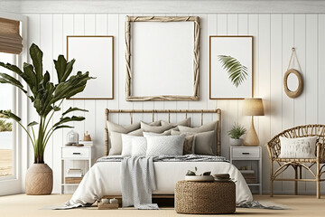 Home mockup, bedroom interior background with rattan furniture and empty frames, Coastal style, generative AI