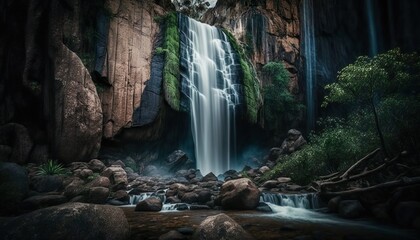 Fototapeta na wymiar A stunning view of a majestic waterfall surrounded by rocks and greenery captured with a high Generative AI