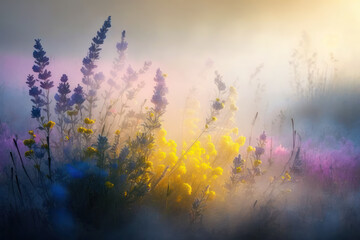 Yellow spring flowers on a foggy morning in the first rays of the sun. AI generated