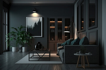 Modern dark home interior background, generative AI