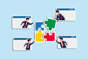 Work together, teamwork or collaboration to solve problem, hybrid work conference call to success together, partnership concept, businessman colleagues connecting jigsaw pieces together. Paper Cut Sty
