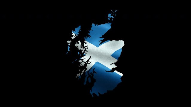 4K waving national flag of Scotland on the map. Alpha channel seamless Scottish flag on territory. Outline geographic country border of Scotland stock video.