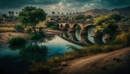 A mesmerizing view of a serene Andhra Pradesh village with a beautiful bridge over a river captured with a high  Generative AI