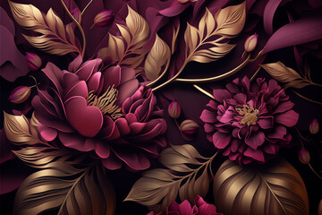 Luxurious 3D background, flowers, leaves and buds - dark design in plum, magenta, gold, floral botanical pattern for greeting cards, invitations, beauty products, fashion, templates. AI generated. 