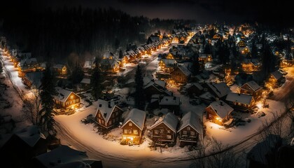 A cozy village at night lit up by warm streetlights captured with a Fujifilm X  Generative AI