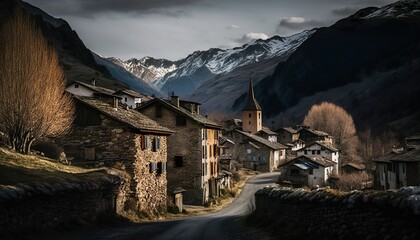 A rustic village in the heart of the Pyrenees shot with a Canon EOS 90D 24mm lens f/10 rugged  Generative AI