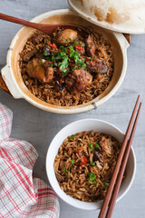 Delicious homemade meals. Claypot Chicken Rice. Healthy fresh ingredients, free range chicken meat, basmati rice, Chinese mushrooms, dried shrimps, black sauce, chili and coriander