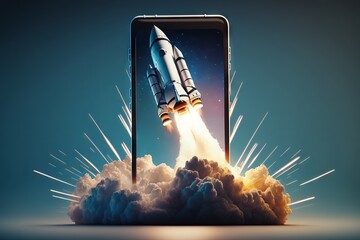 Rocket coming out of a smartphone screen. Generative AI - obrazy, fototapety, plakaty
