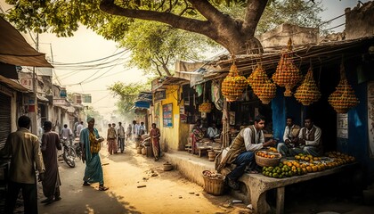 An enchanting Andhra Pradesh village scene with a colorful market and busy streets captured with a Nikon Z6 mirrorless camera 24  Generative AI
