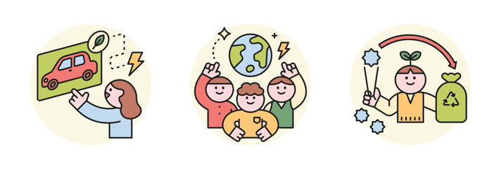 Activities for environmental protection. People who save the earth by collecting recycling garbage by riding an eco-friendly electric car.