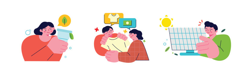 Activities for environmental protection. People who protect the environment by using tumblers, buying used goods, and using solar power.