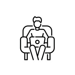 Man sitting in a comfortable chair in a business lounge working at computer. Pixel perfect, editable stroke line icon