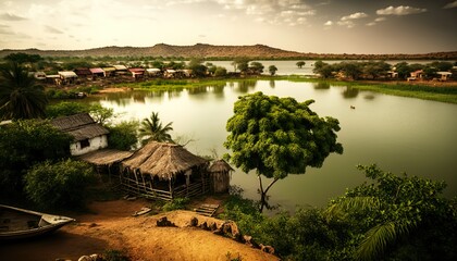 An inviting view of a serene Andhra Pradesh village with a beautiful lake in the foreground captured with a high  Generative AI