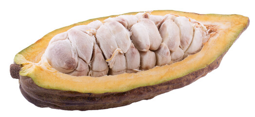 Cocoa fruit, raw Cacao beans, Cocoa pod. Fresh cocoa fruits isolated on a transparent background