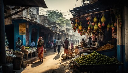 Fototapeta na wymiar An enchanting Andhra Pradesh village scene with a colorful market and busy streets captured with a Nikon Z6 mirrorless camera 24 Generative AI