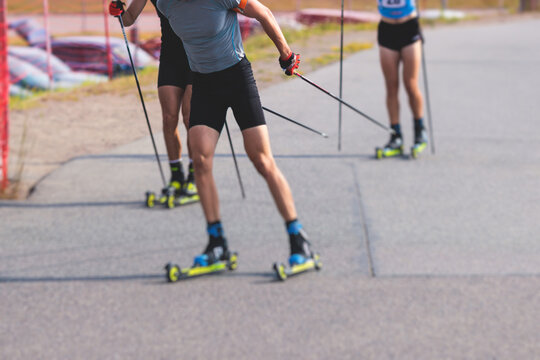 Athletes ride roller skis on asphalt track, group of ski rollers in helmet, cross-country skiing with roller ski in summer sunny day, sportsmen ski-rollers riding, biathlete training 