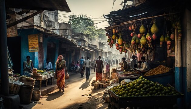 An enchanting Andhra Pradesh village scene with a colorful market and busy streets captured with a Nikon Z6 mirrorless camera 24  Generative AI
