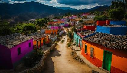 A colorful village in the hills of Oaxaca Mexico photographed with a Sony A6600 16mm lens f/5.6 vibrant  Generative AI