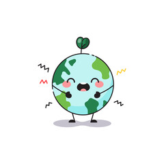 Obraz premium Dizzy planet earth mascot character. Vector globe baby planet with leaves.