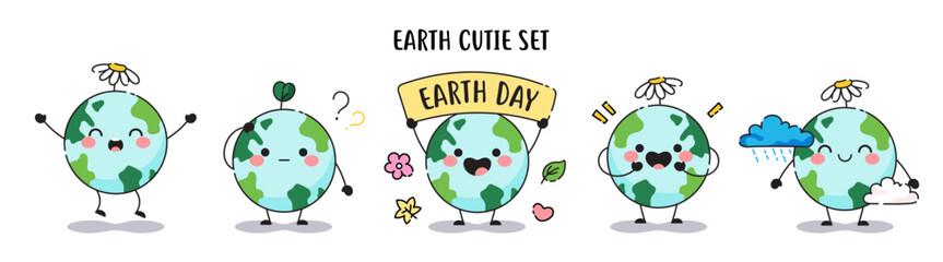 Planet Earth mascots for Happy Earth day celebration. Set of stickers with cute globe character for April 22. Environment, ecology and climate change themes.