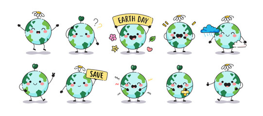 Cute baby planet earth set. Mascot Earth icons with faces. Collection in child emoji for environment care, pollution, harm, damage, ecology and recycle. Vector cartoon illustration.