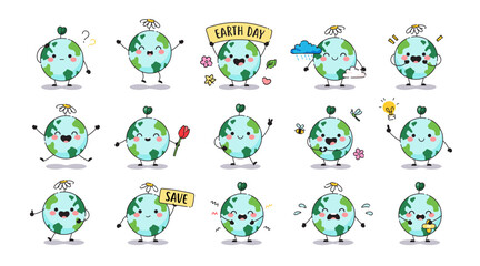 Cute cartoon set of planet Earth mascot for Earth day cards. Poster template Earth characters. Happy planet, Pollution, environment care and other icons. Vector clip art.