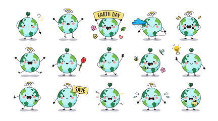Cute cartoon set of planet Earth mascot for Earth day cards. Poster template Earth characters. Happy planet, Pollution, environment care and other icons. Vector clip art. © Takoyaki Shop