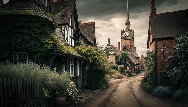 A charming village with winding alleys and a church tower captured with a Fujifilm GFX 50R 35mm lens f/8 timeless standard lens  Generative AI