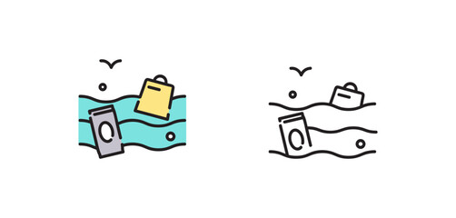World ocean pollution. Vector isolated icons. Black and color vector plastic trash, garbage, eco recycling sign icon isolated outline symbol with editable stroke.