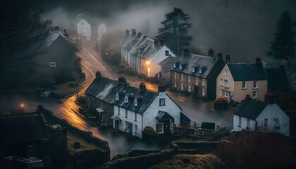 A cozy village in the Scottish Highlands captured with a Nikon Z6 II 50mm lens f/8 misty  Generative AI