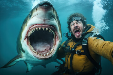 Funny selfie of a diver with a great white shark, Generative AI - obrazy, fototapety, plakaty