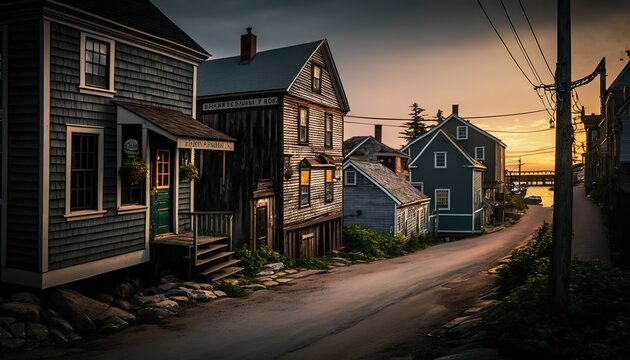 A quaint fishing village on the coast of Maine photographed with a Sony A7R III 24mm lens f/14 coastal  Generative AI