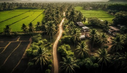 A breathtaking view of a peaceful Andhra Pradesh village with beautiful coconut trees and lush greenery captured with a high  Generative AI