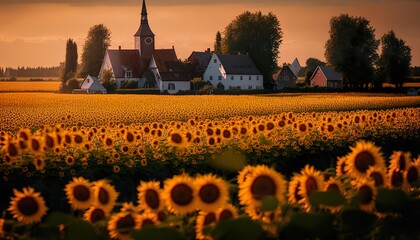 A charming village surrounded by fields of sunflowers captured with a Sony Alpha 1 35mm lens f/2.8 sunny standard lens  Generative AI